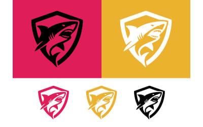 Shark emblem logo, pink and yellow vector graphics.