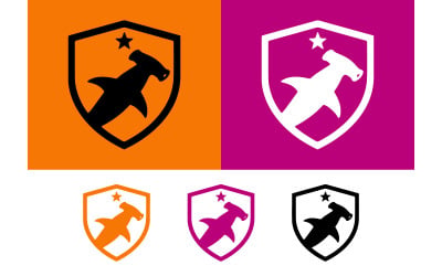 Logo con l&amp;#39;emblema dello squalo martello su sfondo colorato.