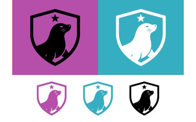 Logo a forma di foca su sfondo colorato.