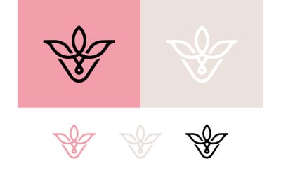 Floral v shape logo on pink and grey.