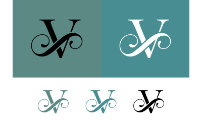 Stylized letter v logo with flourish on teal background.