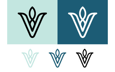 V letter logo with floral elements on blue.