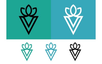 V letter logo with flower top teal background.