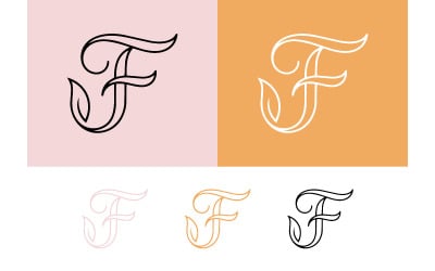 Logo con la lettera F e decorazioni a forma di foglia su sfondo pastello.