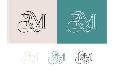 Lettres monogrammes RM avec volutes décoratives pour le branding.
