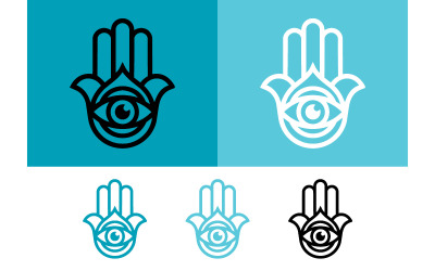 Hamsa hand with eye symbol on blue.