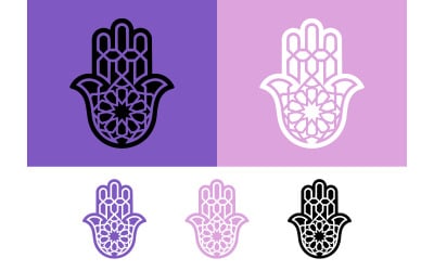 Hamsa hand with geometric pattern on purple.
