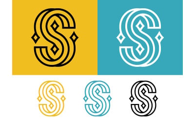 Logotipo geométrico com a letra S em tons de dourado e azul.