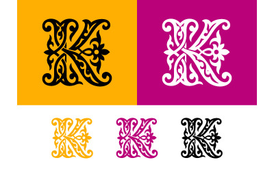 Emblema floral ornamentado com a letra K em tons de amarelo e roxo.