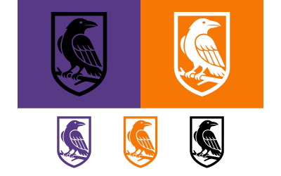Logo de corbeau, emblème d&amp;#39;oiseau sur une branche, violet orange.