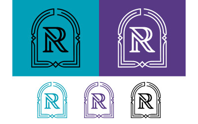 Logo met de letter R in een gebogen frame met decoratieve elementen.