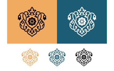Sierlijk bloemmotief in zwart, wit, oranje en blauw.