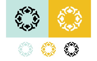 Circular floral motif in black, yellow, and mint green.