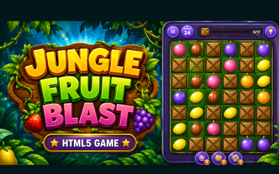 Jungle Fruit Blast – Een HTML5-puzzelspel met fruitmatching en krattenexplosie.