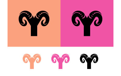 Koç boynuzları ve logosundan oluşan tasarım, mercan pembesi arka plan üzerinde.