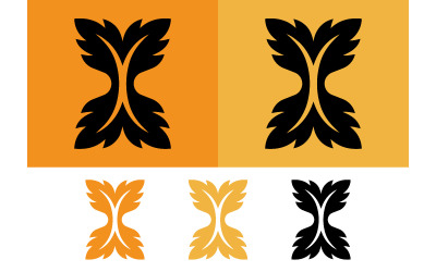 Decoratieve bladvormen in de vorm van een &amp;#39;X&amp;#39; op een oranje achtergrond.