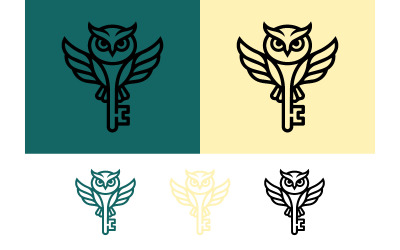 Gufo con icone chiave e ali in stile line art.