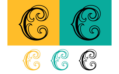 Zdobené logo písmene C ve žlutých a tyrkysových barvách.