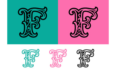 Lettre f ornée sur fond coloré.