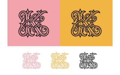 Monogramma con la lettera k intrecciata, rosa e giallo.
