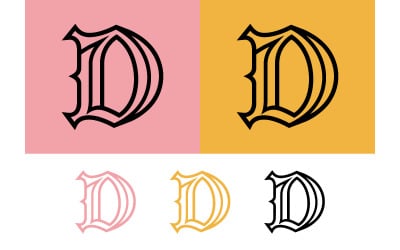Logo-ontwerp met de letter D op kleurrijke achtergronden en variaties.
