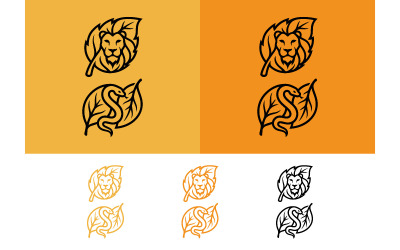Logo-ontwerp met leeuw en slang in een blad.