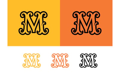 Logotipo com a letra &amp;quot;m&amp;quot; ornamentada sobre fundo colorido.