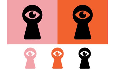Eye in keyhole on pink and orange background.