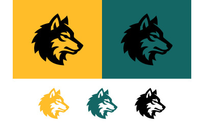 Logo s vlčí hlavou, agresivní profil ve žluté a zelené barvě.