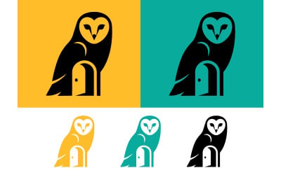 Owl logo with doorway on yellow background.