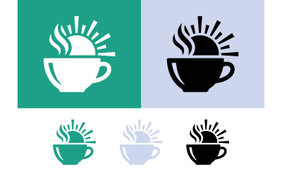 Logo-ontwerp voor een koffiekopje met zon, zonsopgang en stoom.
