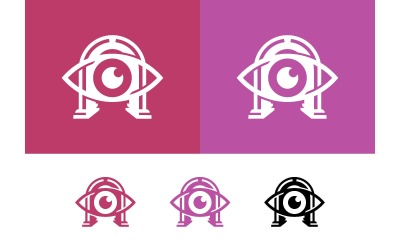 Robot eye logo white on magenta and purple.