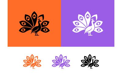 Peacock logo design in orange and purple.