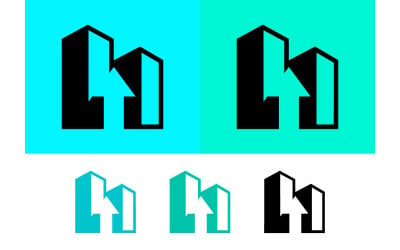Building rising arrow logo cyan backgrounds and icons.