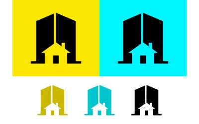 House inside building logo yellow cyan backgrounds and icons.