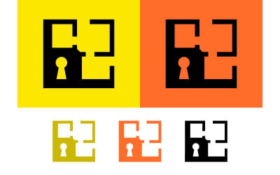 Keyhole door floor plan logo yellow orange backgrounds icons.