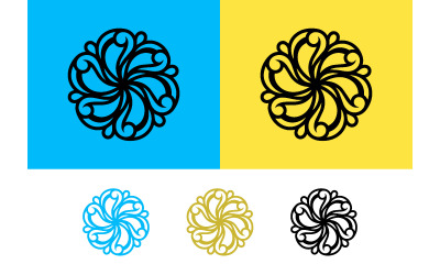 Swirling abstract logo blue orange yellow black.