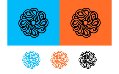 Swirling flower logo blue orange black backgrounds.