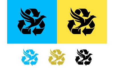 Recycle symbol with dove blue yellow backgrounds.