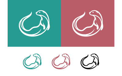 Artistiek otterlogo op een turquoise en roze achtergrond.
