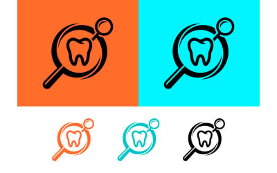 Magnifying glass tooth icon orange blue and black.