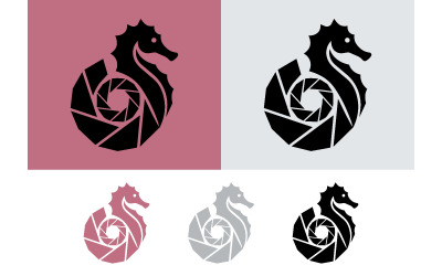 Het logo van de cameralens met zeepaardje is roze, grijs en zwart.