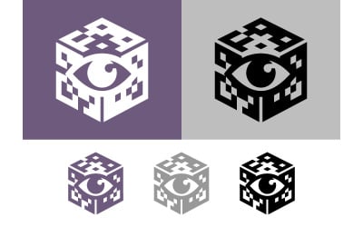 Cube with eye and pixel pattern logo.