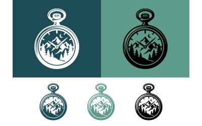 Pocket watch compass logo, mountain landscape, adventure.