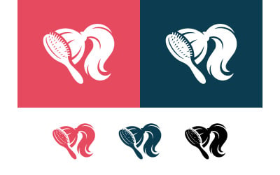 Hair brush logo in white on pink and blue backgrounds.