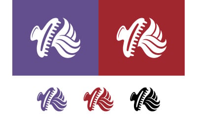 Hair clip logo with waves on purple and red backgrounds.