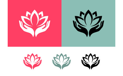 Hands holding lotus flower logo on backgrounds.