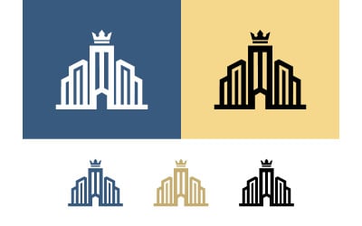 Icone di edifici moderni, re corona blu oro.