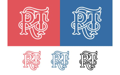 Дизайн логотипа Monogram RT на красном и синем фоне.