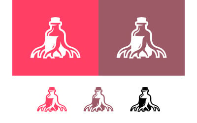 Láhev s logem kořenů, stylizovaný design, přírodní motiv.